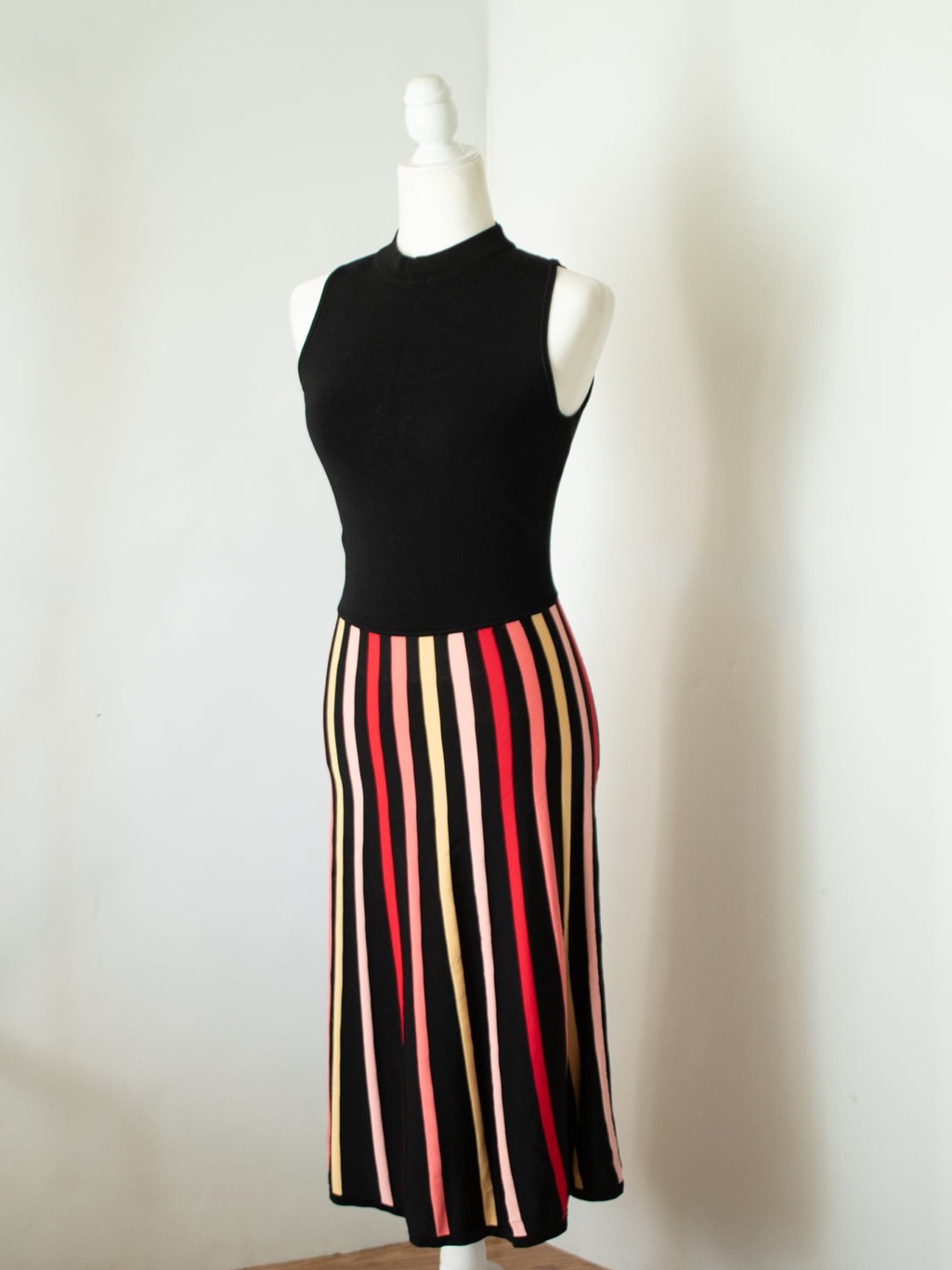 Soshanna Sleeveless Black Knit Dress With Multicolor Vertical Stripe Skirt